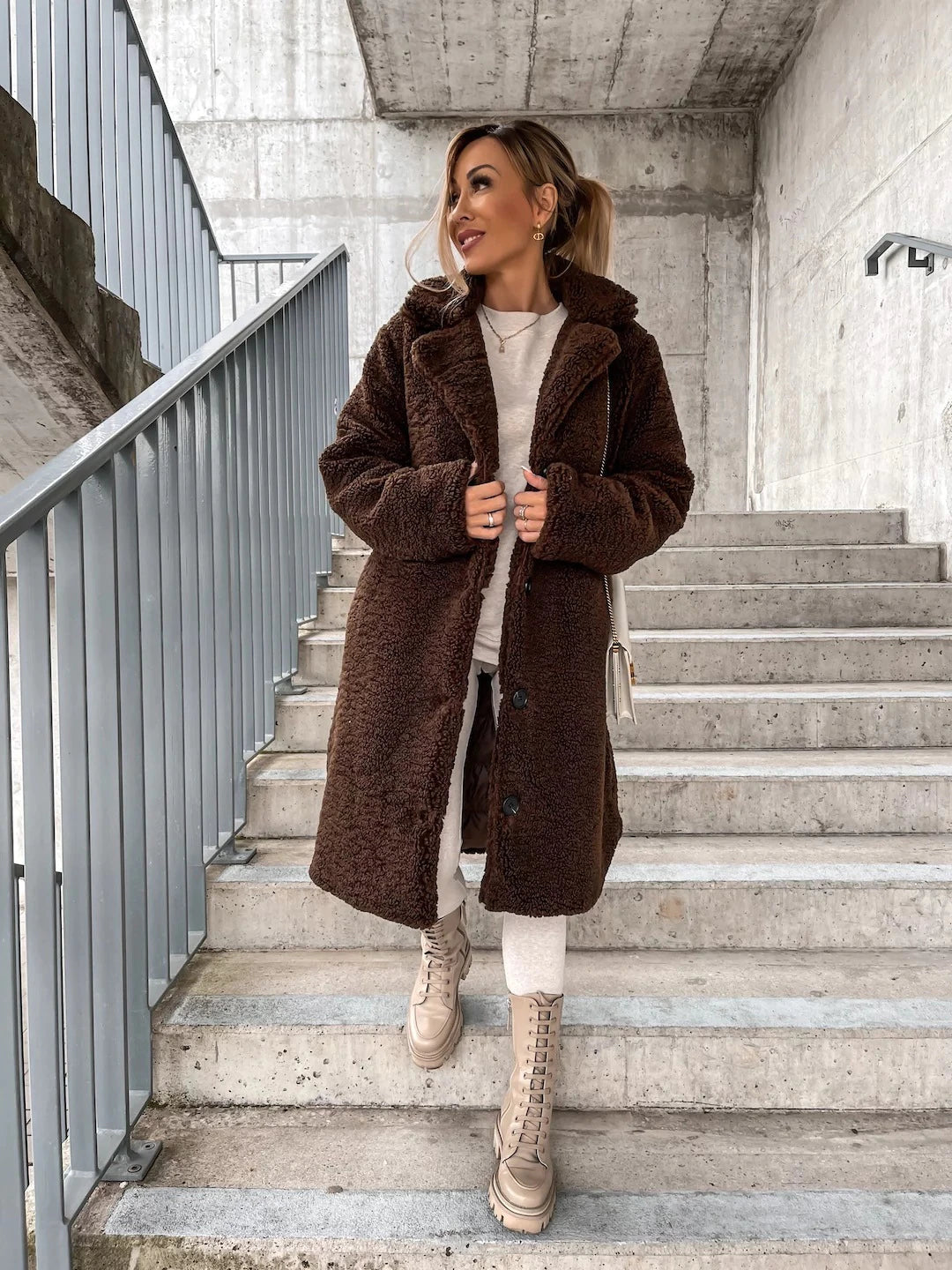 Street Wave Teddy Coat For Women Soft And Warm Relaxed Midi Length With Button Closure