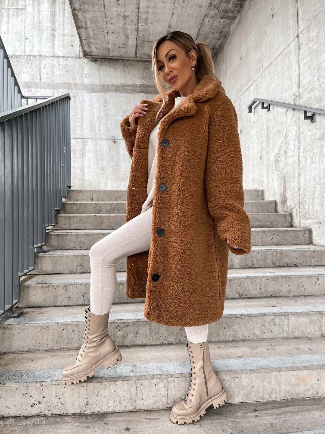 Street Wave Teddy Coat For Women Soft And Warm Relaxed Midi Length With Button Closure