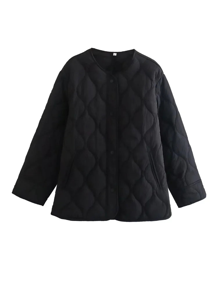 Street-wave Quilted Winter Jacket For Women With Snap Buttons Loose Fit Cozy Warmth