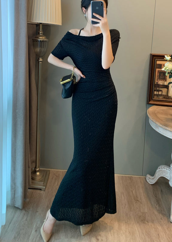 Robe longue noire à col bateau et coupe ajustée pour femme, idéale pour l'été - Street-Wave