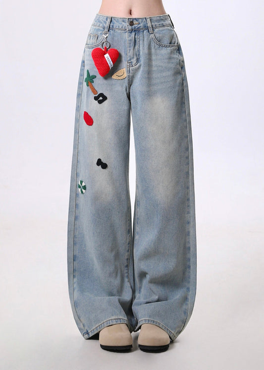 Pantalon en jean bleu à poches brodées pour femme, printemps - Street-Wave