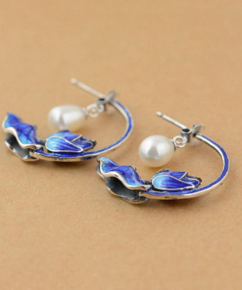 Boucles d'oreilles créoles en argent sterling bleu avec perles cloisonnées et lotus pour femmes - Street-Wave