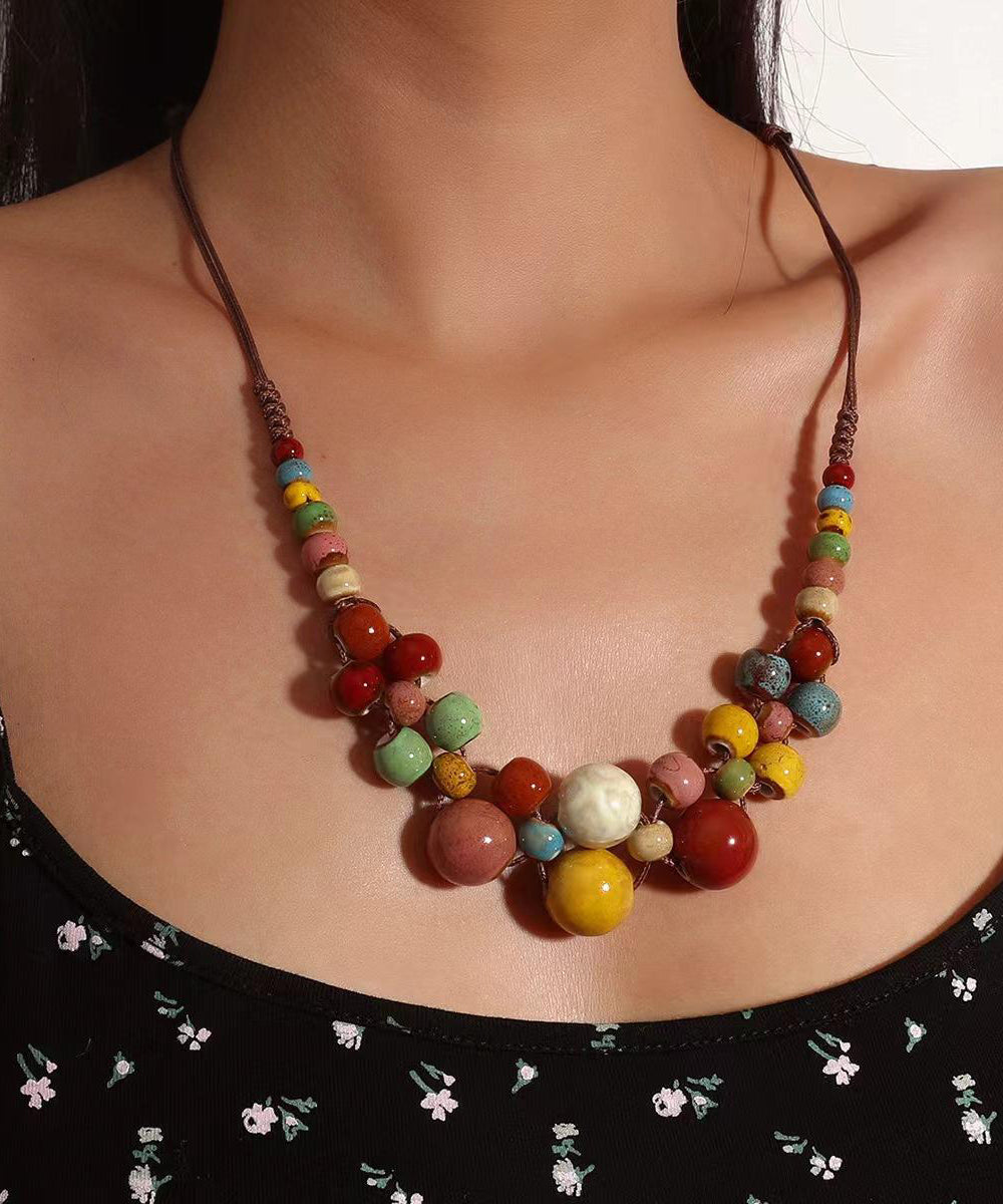 Collier de perles graduées en céramique tressée marron pour femme - Street-Wave