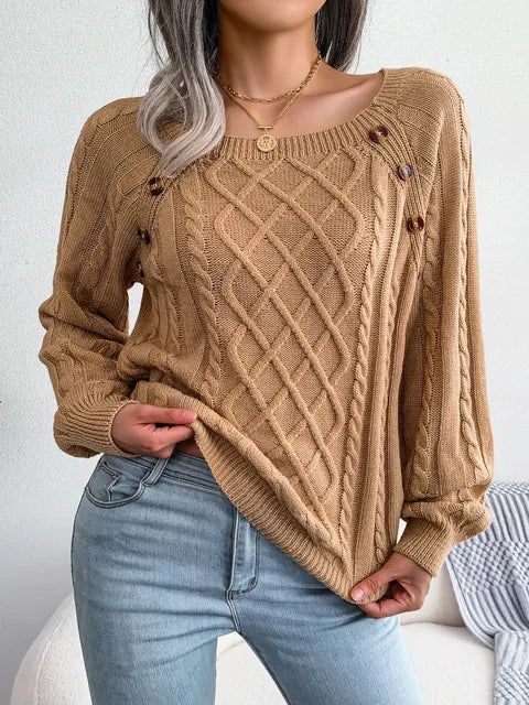 Street-Wave Cable Knit Sweater For Women Cozy Chic Everyday Essential With Button Detail And Relaxed Fit