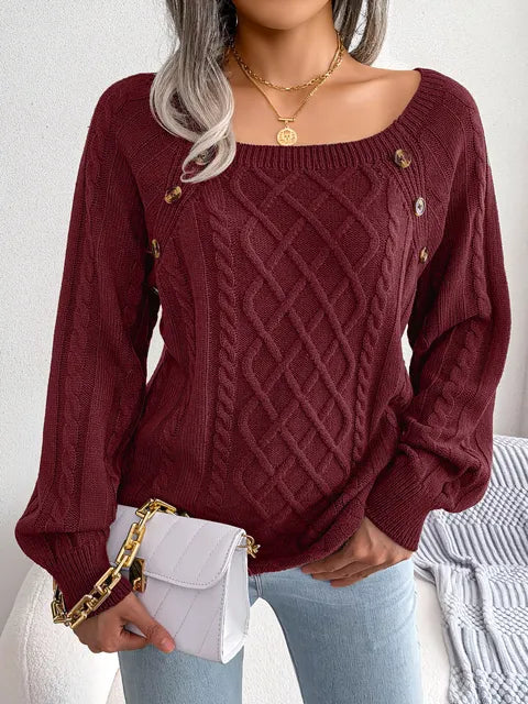Street-Wave Cable Knit Sweater For Women Cozy Chic Everyday Essential With Button Detail And Relaxed Fit