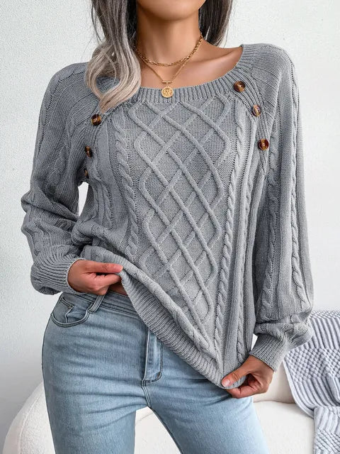 Street-Wave Cable Knit Sweater For Women Cozy Chic Everyday Essential With Button Detail And Relaxed Fit