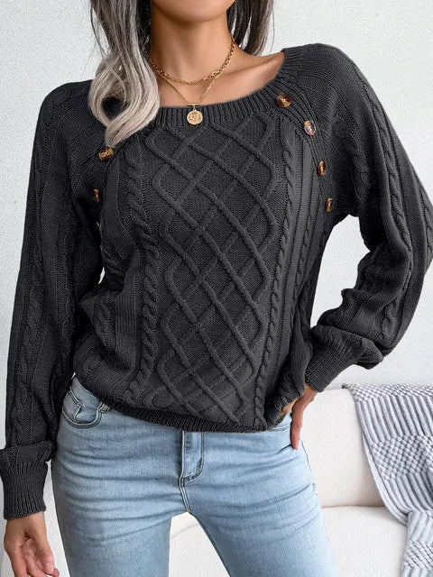 Street-Wave Cable Knit Sweater For Women Cozy Chic Everyday Essential With Button Detail And Relaxed Fit
