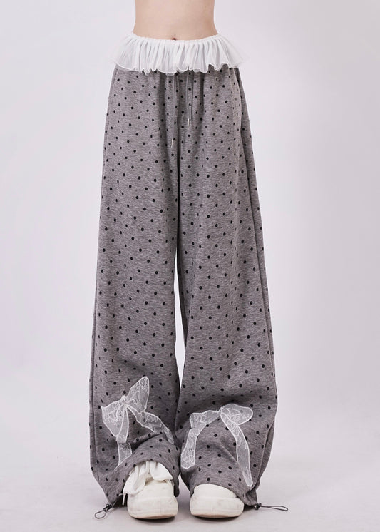 Pantalon large en coton à pois gris pour femme, avec nœud en dentelle et patchwork, printemps - Street-Wave