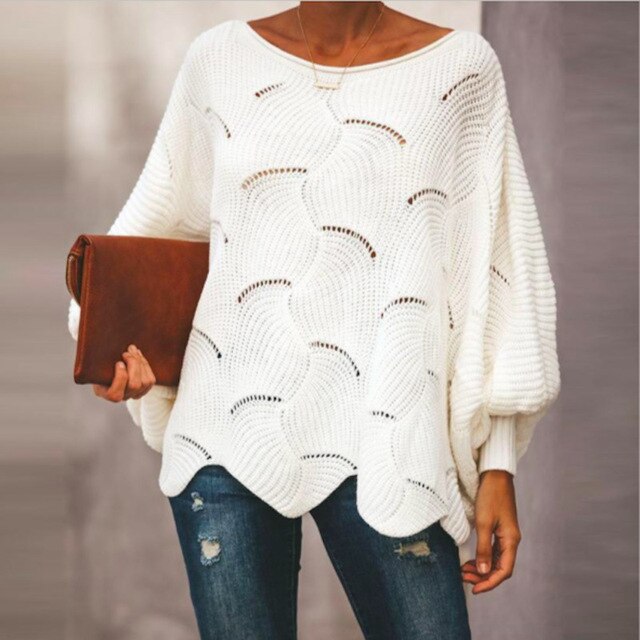 Street-wave Rowan Bat-Sleeve Oversized Knit Pullover For Women, Soft Stretch Knit, Wave Hem
