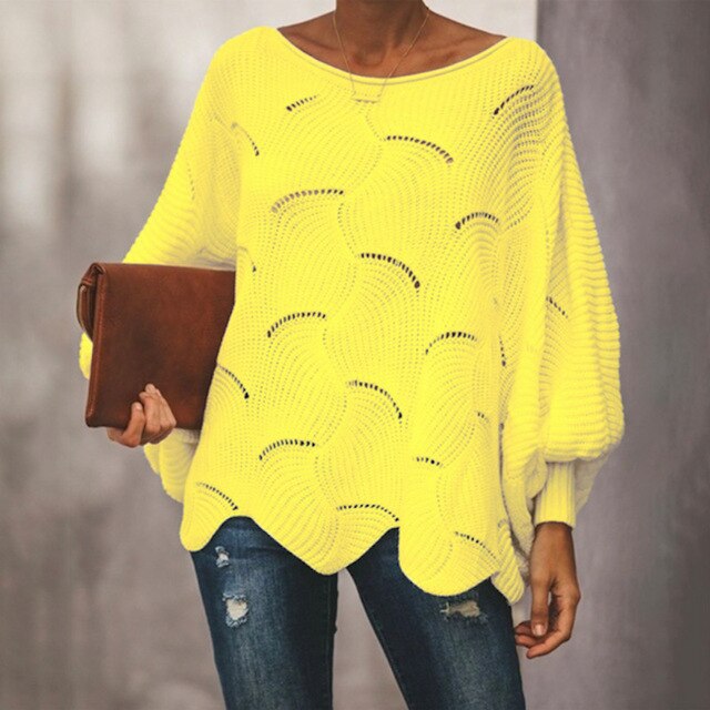 Street-wave Rowan Bat-Sleeve Oversized Knit Pullover For Women, Soft Stretch Knit, Wave Hem