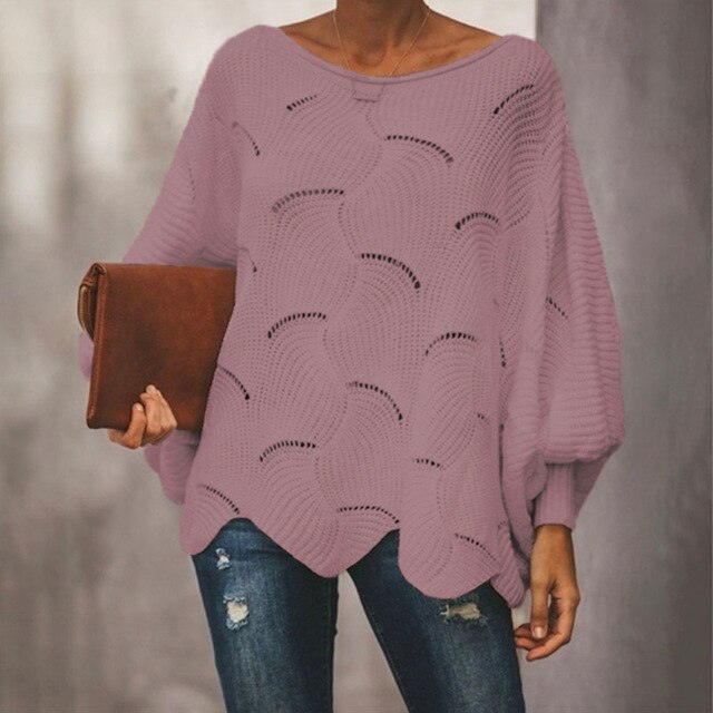 Street-wave Rowan Bat-Sleeve Oversized Knit Pullover For Women, Soft Stretch Knit, Wave Hem
