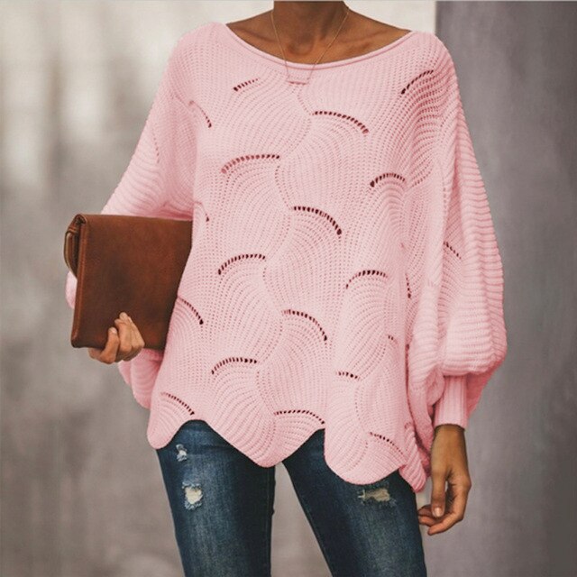 Street-wave Rowan Bat-Sleeve Oversized Knit Pullover For Women, Soft Stretch Knit, Wave Hem