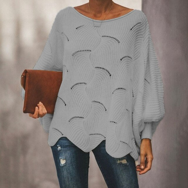 Street-wave Rowan Bat-Sleeve Oversized Knit Pullover For Women, Soft Stretch Knit, Wave Hem