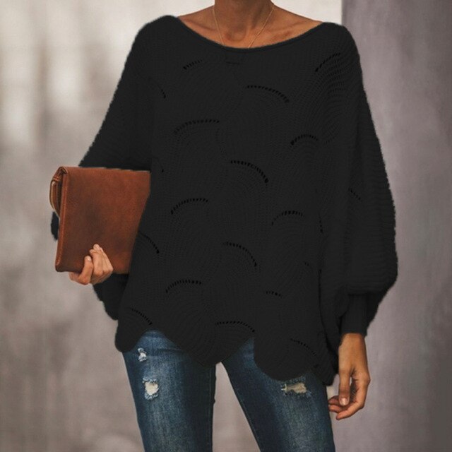 Street-wave Rowan Bat-Sleeve Oversized Knit Pullover For Women, Soft Stretch Knit, Wave Hem