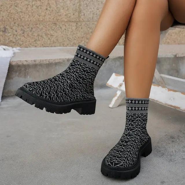 Street-wave Womens Chunky Knit Ankle Boots Bold Orange Durable Sole Statement Style
