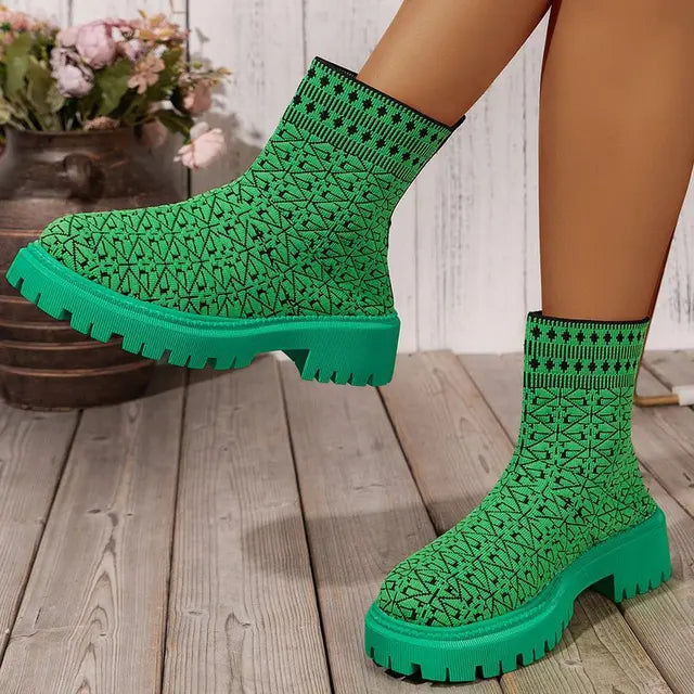 Street-wave Womens Chunky Knit Ankle Boots Bold Orange Durable Sole Statement Style