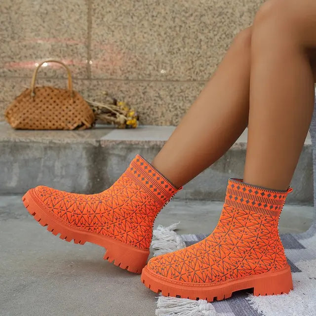 Street-wave Womens Chunky Knit Ankle Boots Bold Orange Durable Sole Statement Style