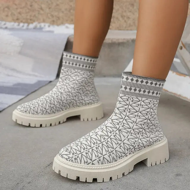 Street-wave Womens Chunky Knit Ankle Boots Bold Orange Durable Sole Statement Style