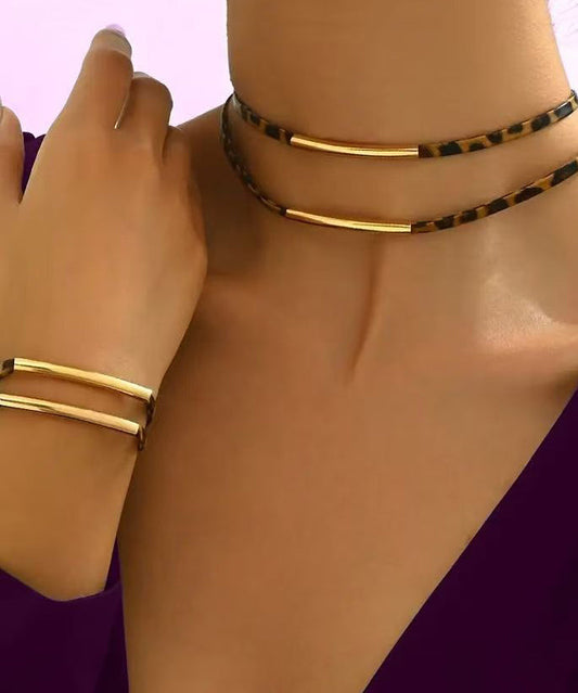 Ensemble collier et bracelet double couche en alliage de cuivre léopard pour femme, deux pièces - Street-Wave