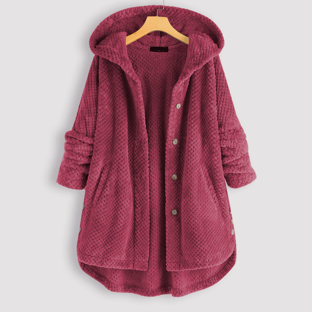 Street Wave Cozy Plush Hooded Coat For Women With Button Front And Soft Quilted Texture