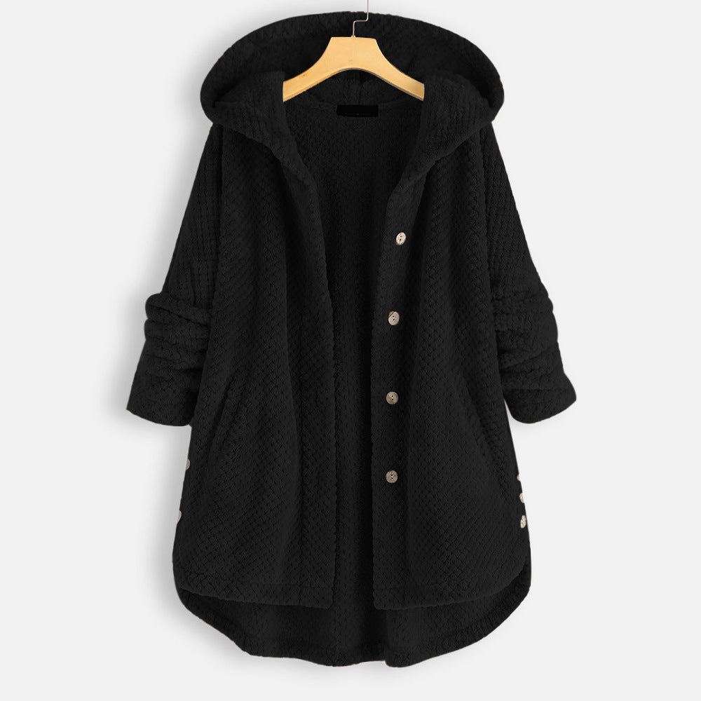 Street Wave Cozy Plush Hooded Coat For Women With Button Front And Soft Quilted Texture