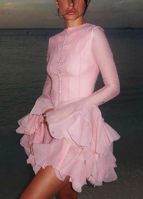 Robe courte rose à simple boutonnage et manches évasées pour femme - Street-Wave
