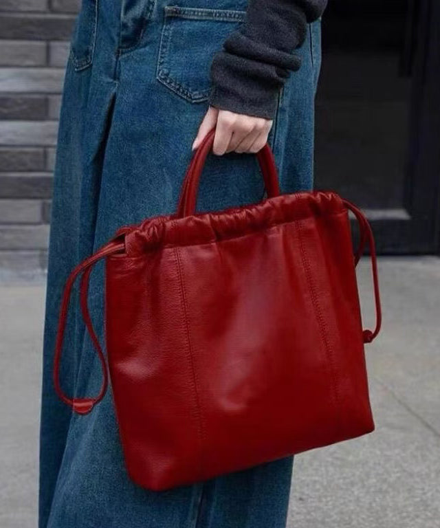 Sac à main en similicuir rouge avec cordon de serrage pour femme, grande capacité - Street-Wave