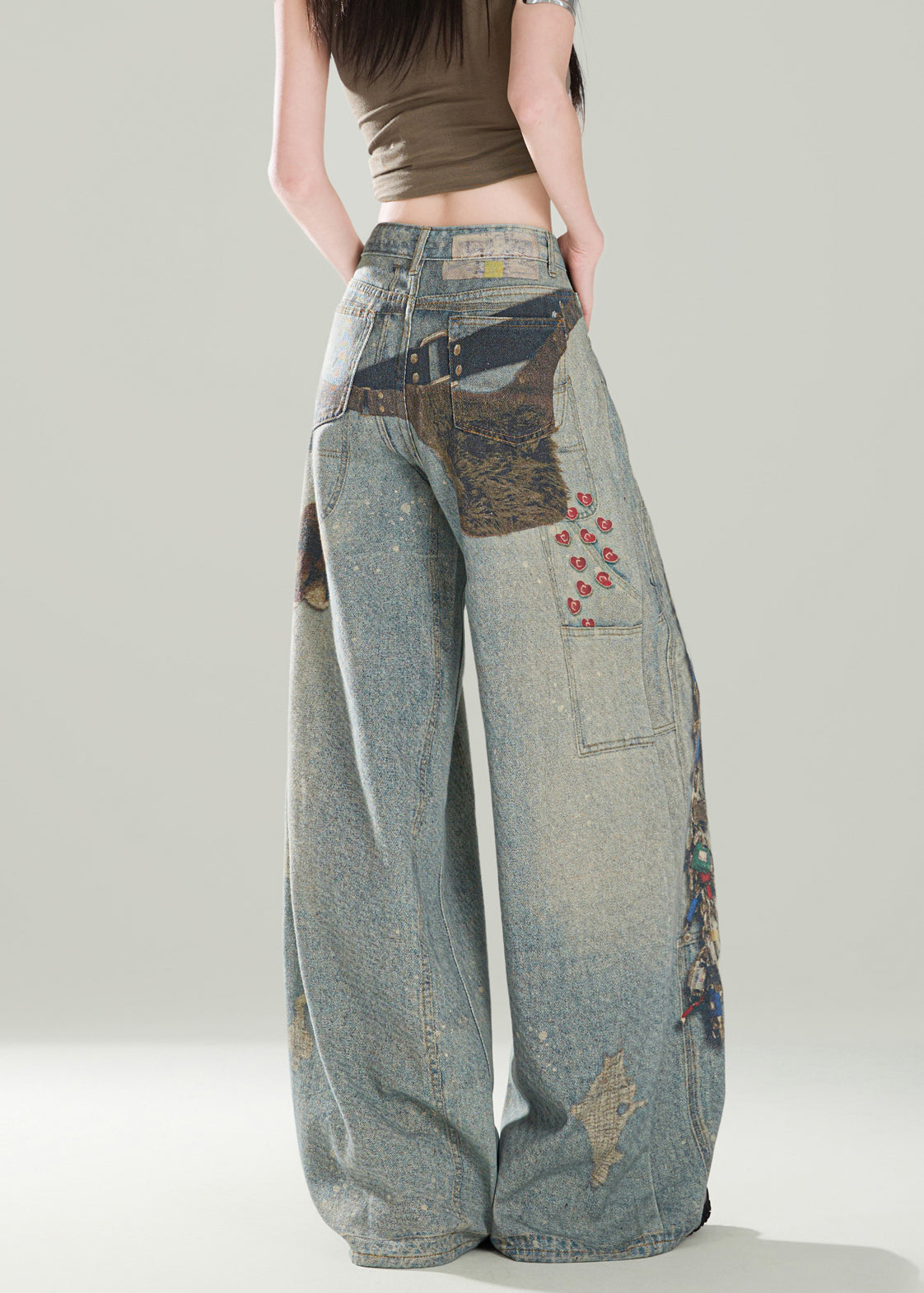 Pantalon large en denim bleu élégant avec poches imprimées pour femme, automne - Street-Wave