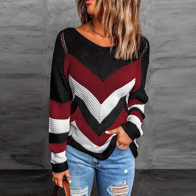 Street-Wave Patchwork Knit Pullover For Women, Soft Cotton-Poly Blend, Modern Striped Design