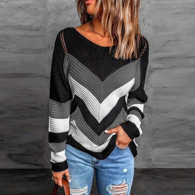 Street-Wave Patchwork Knit Pullover For Women, Soft Cotton-Poly Blend, Modern Striped Design