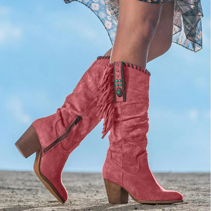 Street-Wave Women's Winter Cowboy Boots With Square Heels Knee-High Shaft All-Weather Western Style