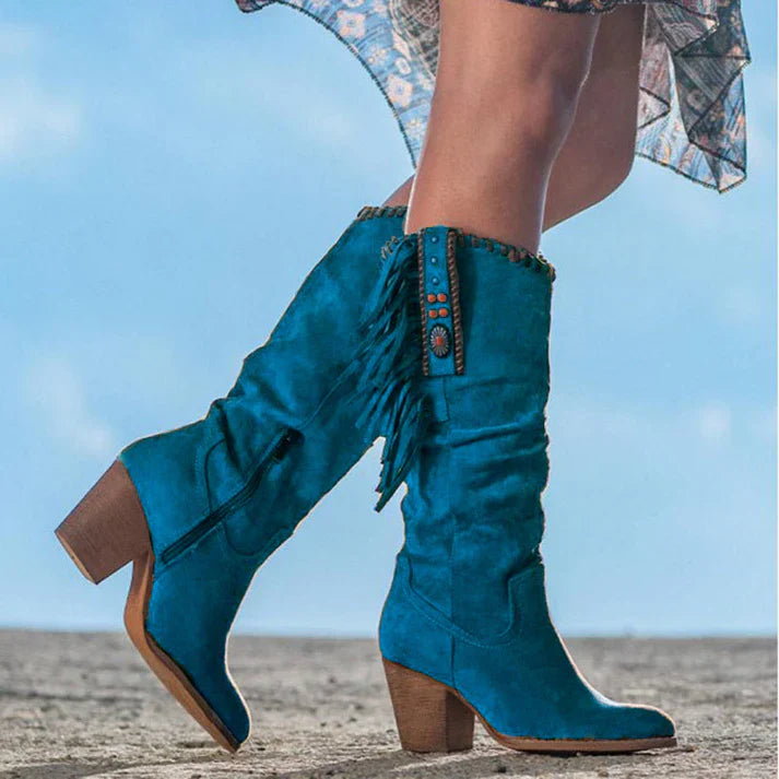 Street Wave Orthopedic Womens Boots With Western Fringe Suede Comfort And Block Heel