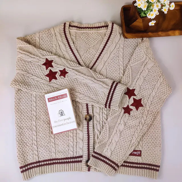 Street-wave Cable Knit Cardigan For Women Cozy Casual Everyday Wear With Striped Ribbed Hem