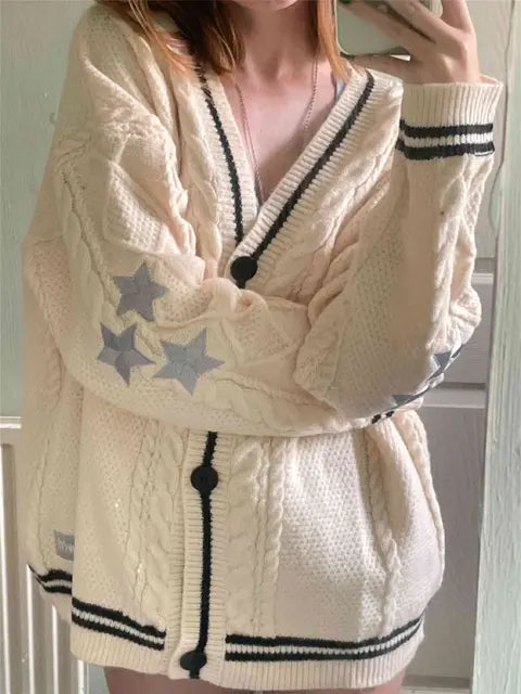 Street-wave Cable Knit Cardigan For Women Cozy Casual Everyday Wear With Striped Ribbed Hem