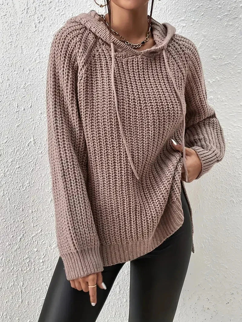 Street-Wave Cozy Knit Hoodie Pullover For Women Casual Streetwear Lovers With Adjustable Drawcord And Split Hem