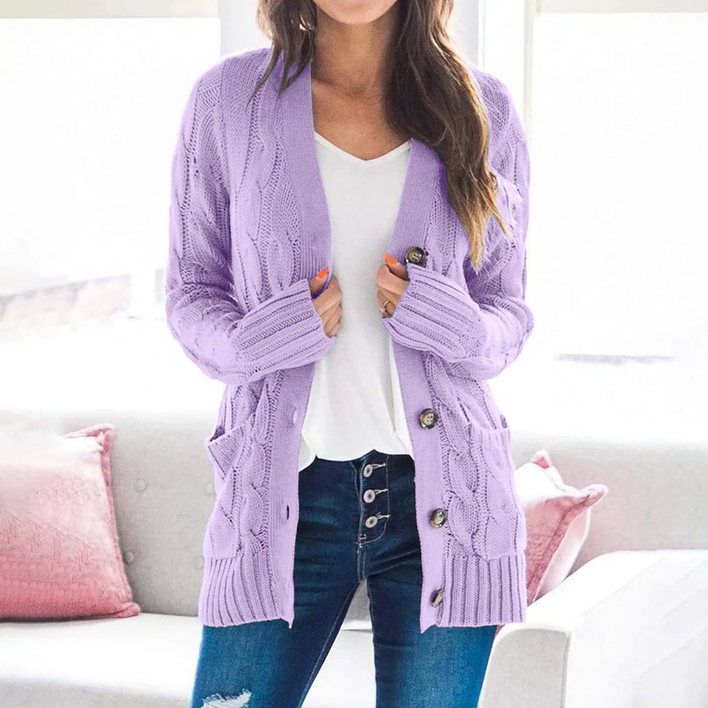 Street-wave Women's Cable Knit Cardigan For Autumn Warmth Long Cozy Knitwear With Button Closure