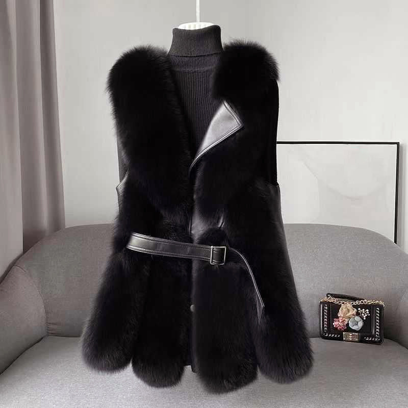 Women’s Faux Fur Vest with Belted Waist and Faux Leather Trim