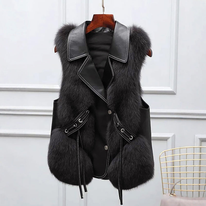 Women’s Faux Fur Vest with Lapel Collar and Waist Tie