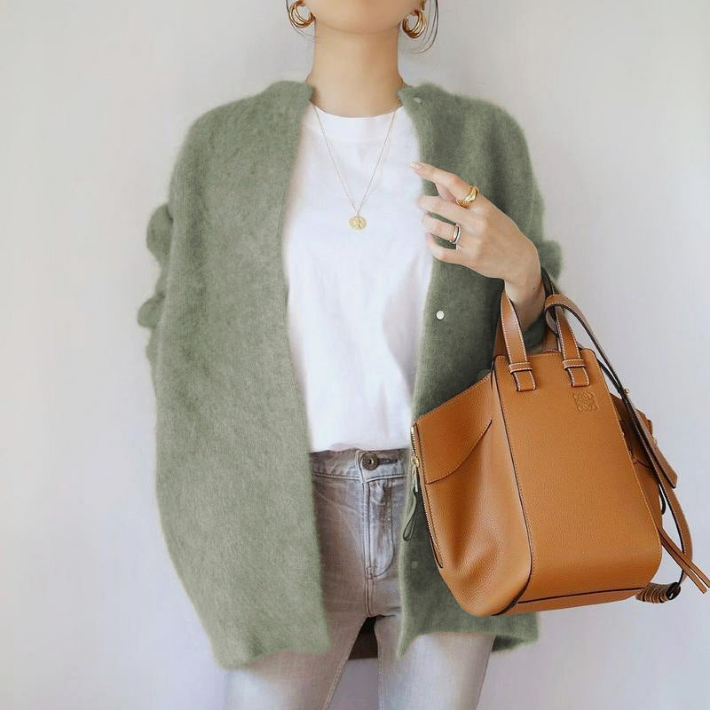 Women’s Fuzzy Knit Open Front Cardigan with Relaxed Silhouette