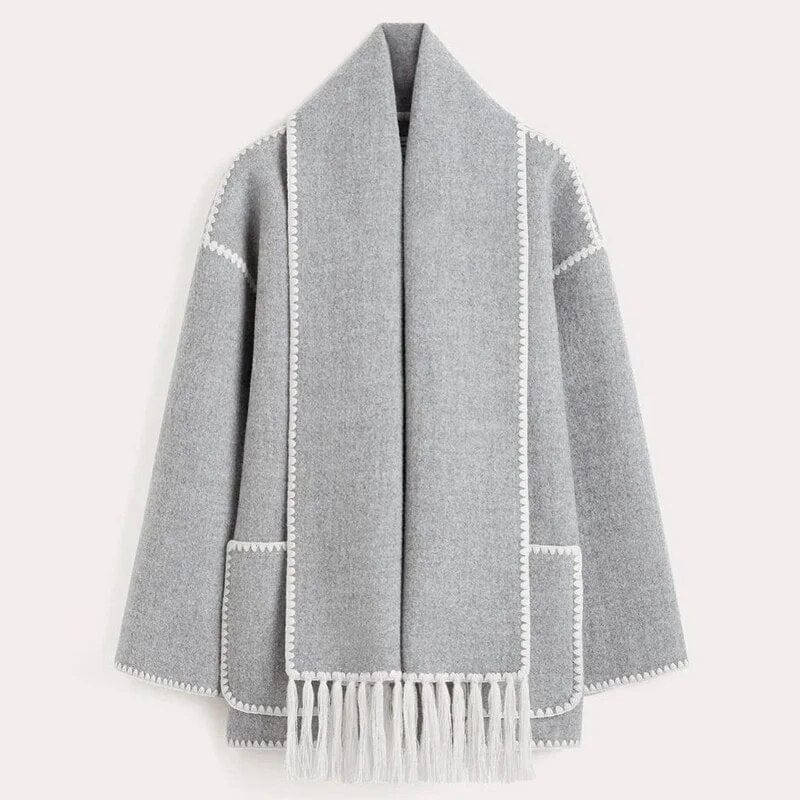 Street Wave Elegant Wool Coat With Integrated Scarf Design Fringe Trim And Contrast Stitching For Women