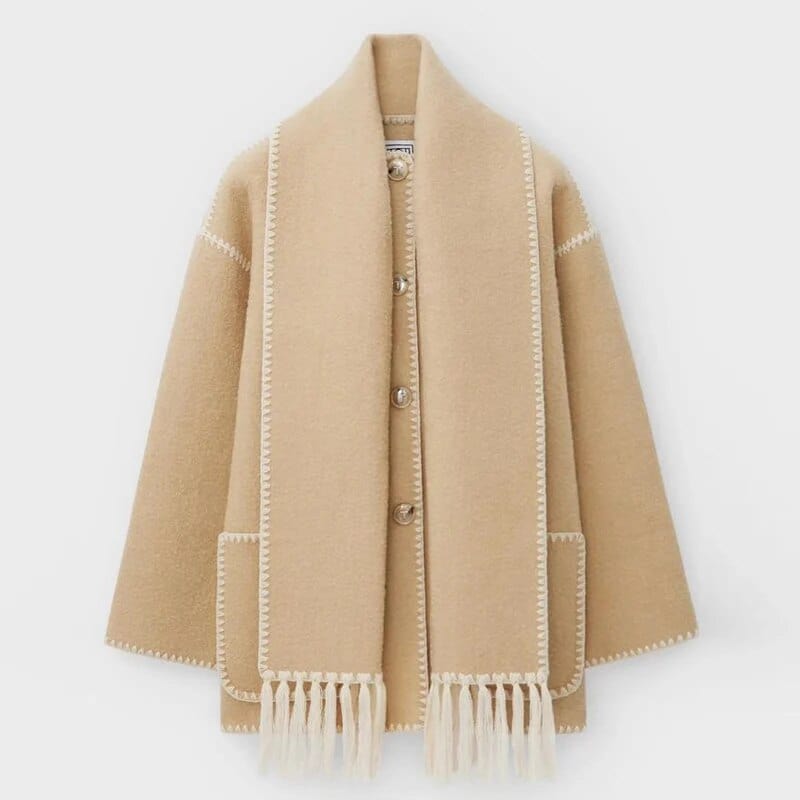 Street Wave Elegant Wool Coat With Integrated Scarf Design Fringe Trim And Contrast Stitching For Women