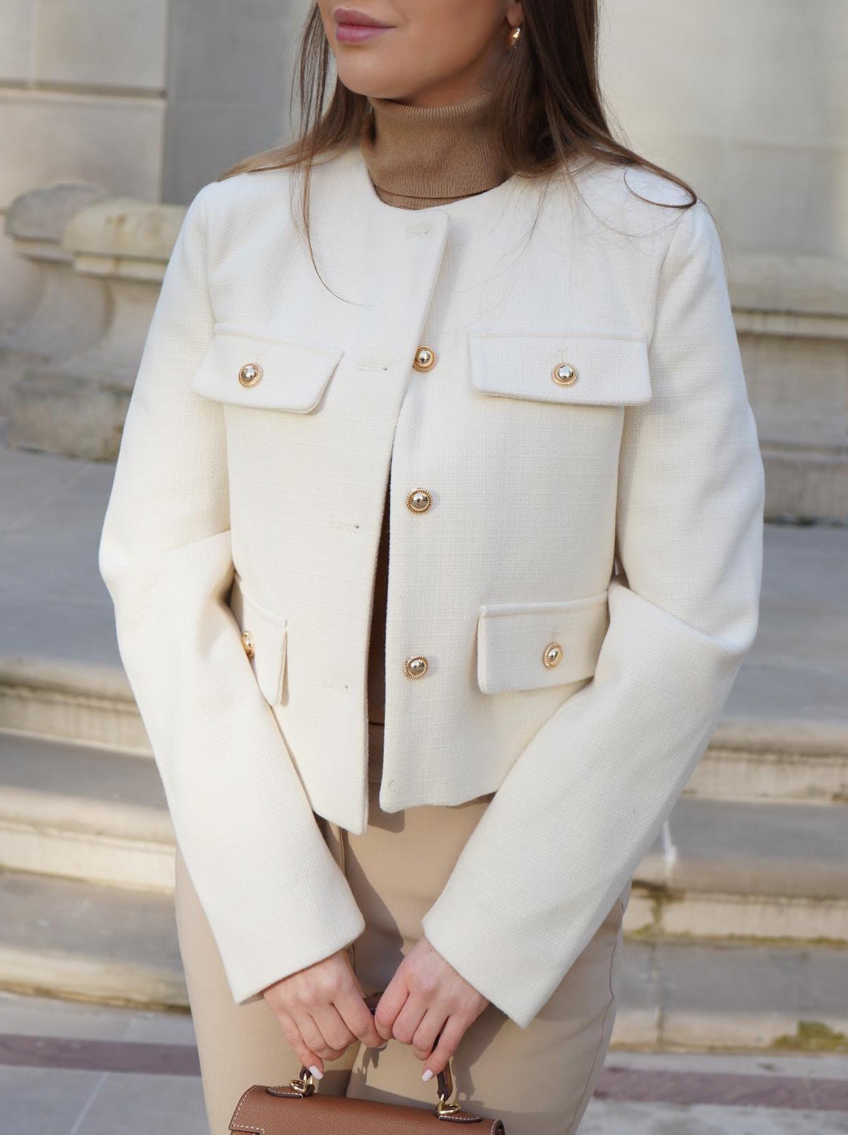 Streetwave Short Wool Blazer For Women With Gold Button Flap Pockets Collarless Tailored Fit