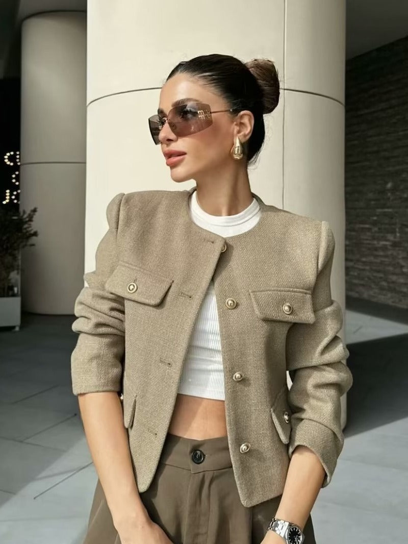 Streetwave Short Wool Blazer For Women With Gold Button Flap Pockets Collarless Tailored Fit