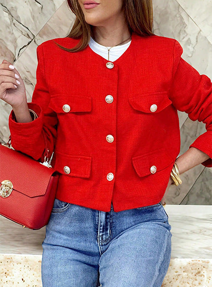Streetwave Short Wool Blazer For Women With Gold Button Flap Pockets Collarless Tailored Fit