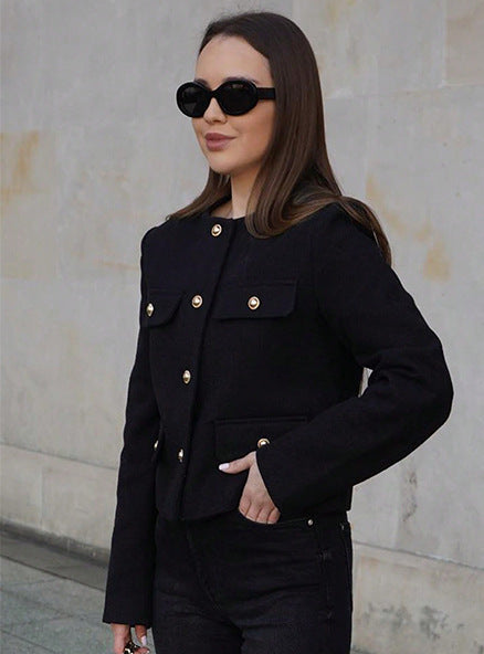Streetwave Short Wool Blazer For Women With Gold Button Flap Pockets Collarless Tailored Fit