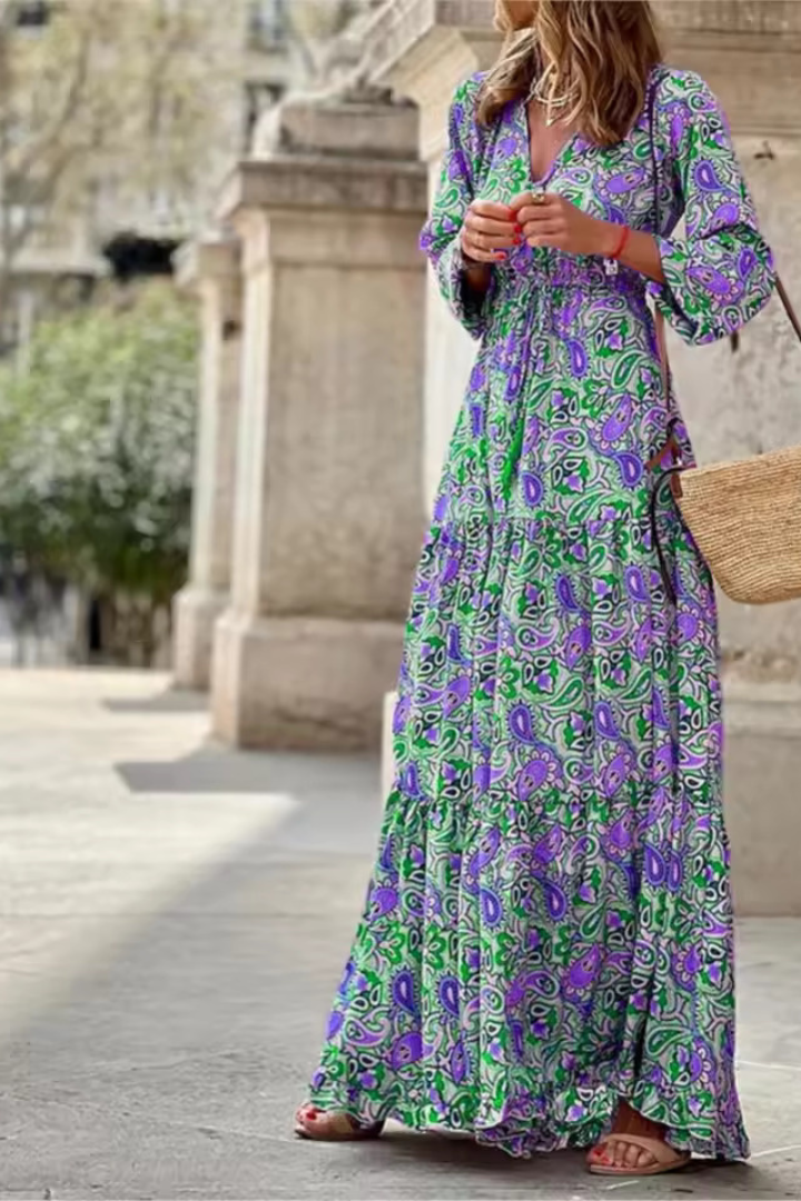 Women's Maxi Dress with V-Neckline and Floral Print