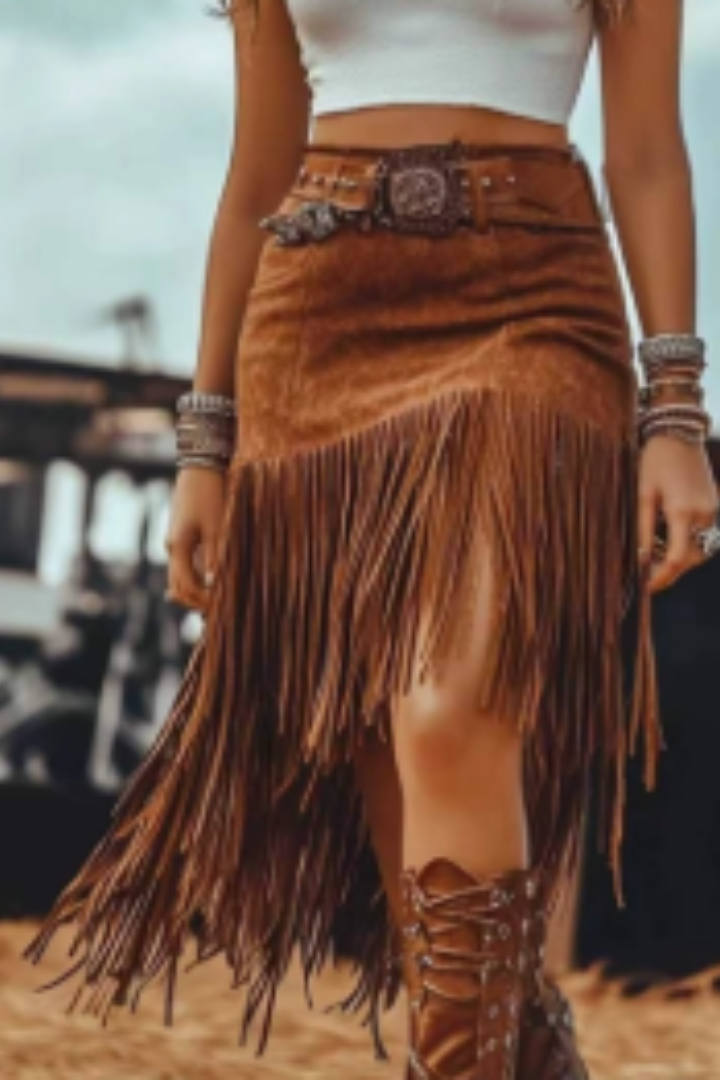 Women's Maxi Skirt with Fringe Detail and Tie Waist