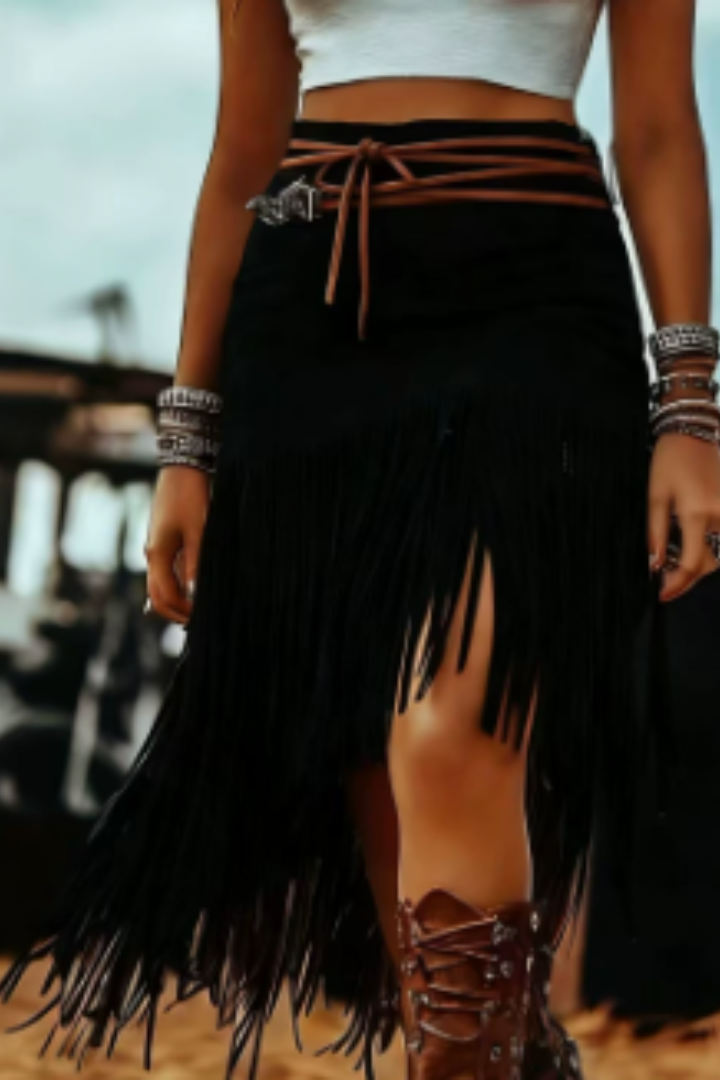 Women's Maxi Skirt with Fringe Detail and Tie Waist