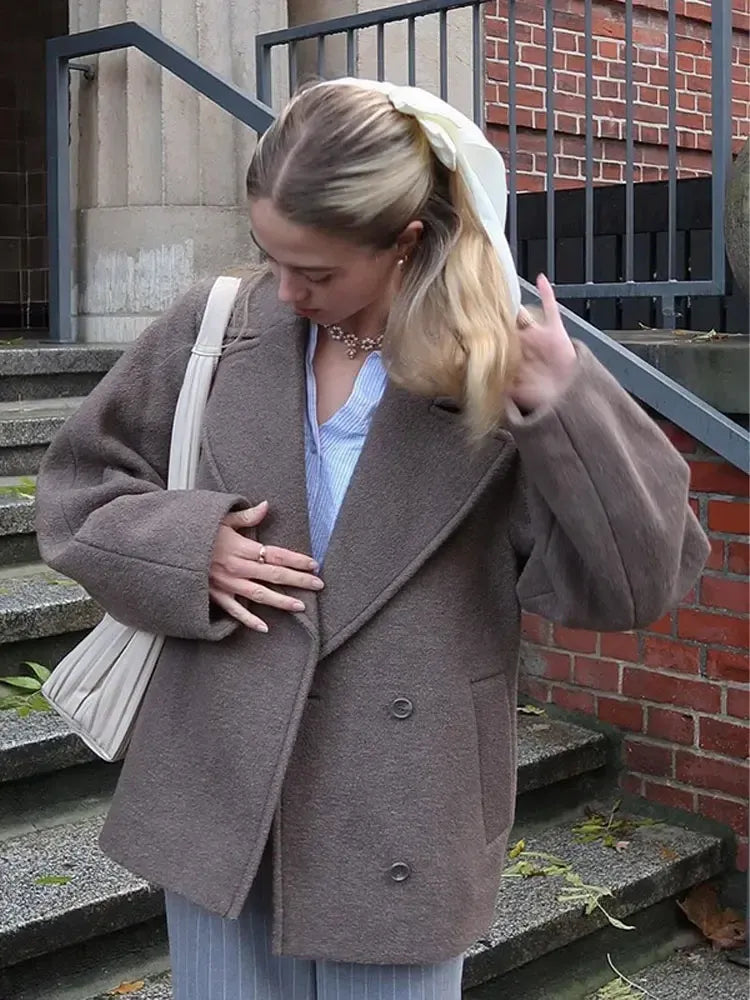 Streetwave Plus Size Wool Blend Coat With Dropped Shoulders And Double Breasted Front