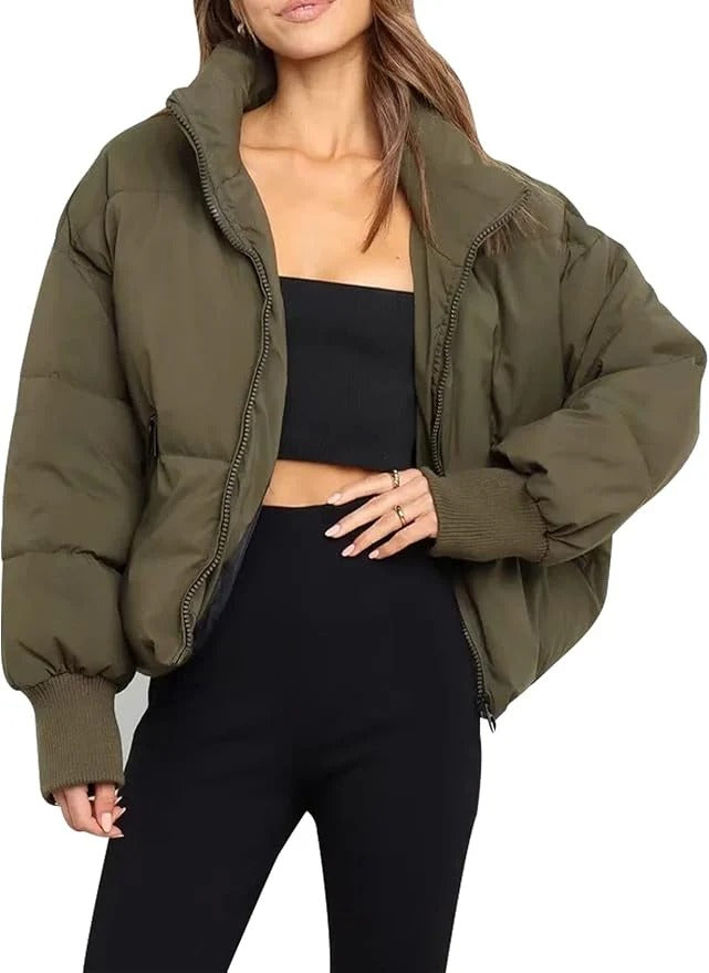 Street Wave Oversized Short Puffer Jacket With Full Zip Front For Women Cozy Streetwear